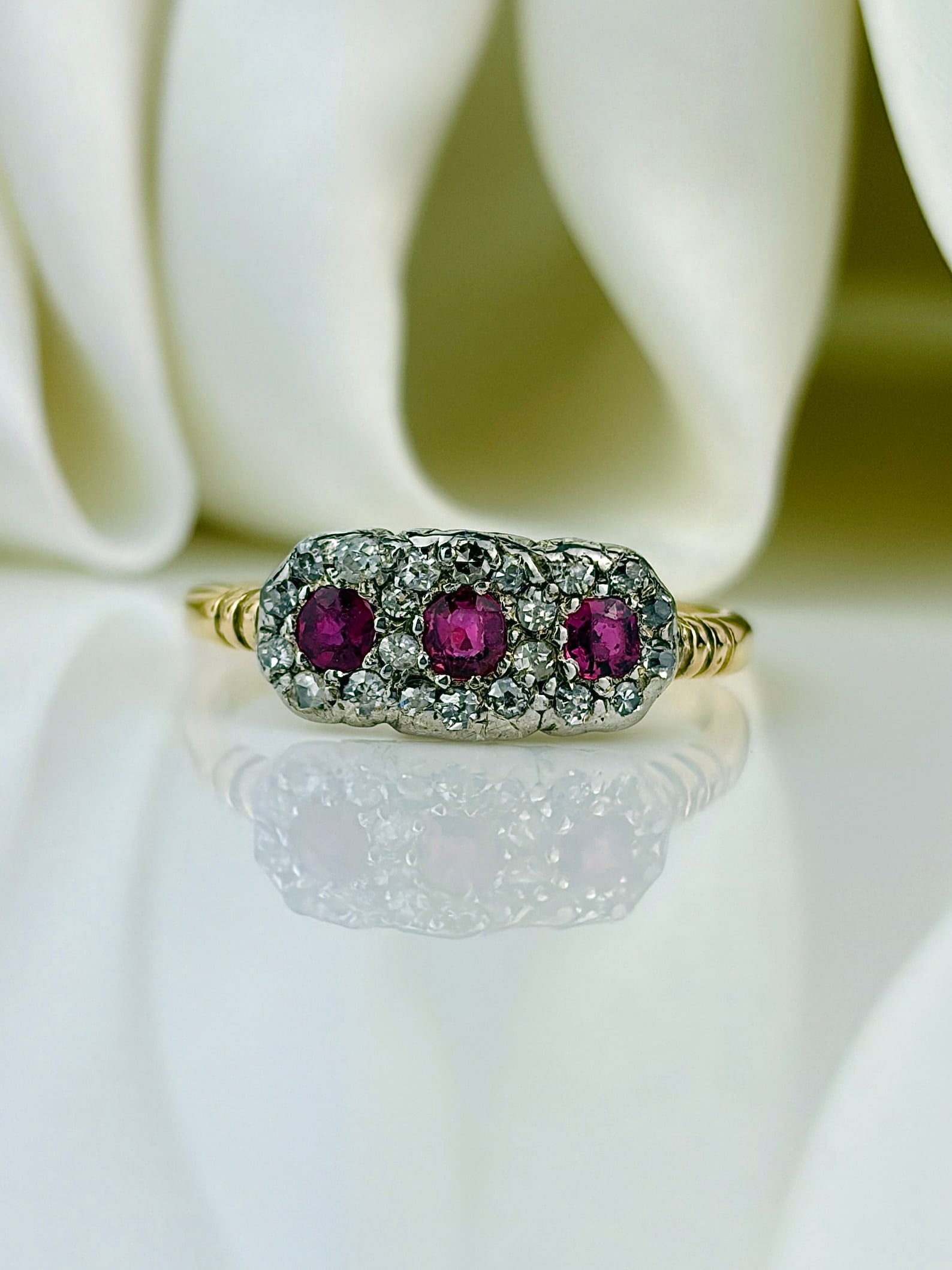 Antique 18ct Yellow Gold Ruby and Diamond Triple Flower Cluster Ring: antique 18ct yellow gold ruby and diamond triple flower cluster ring