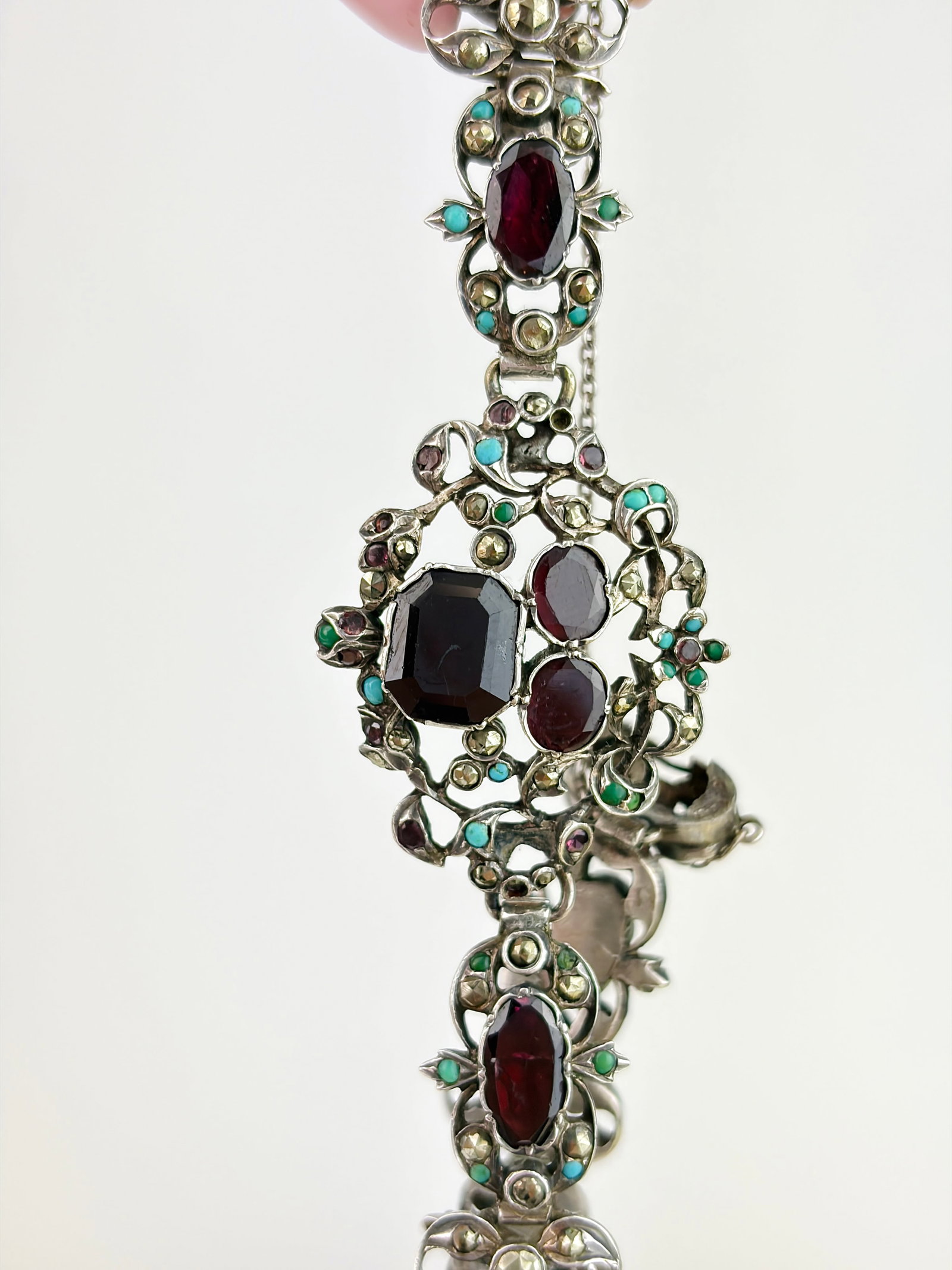 RARE ANTIQUE AUSTRO HUNGARIAN SILVER FLAT CUT GARNET TURQUOISE AND CUT STEEL BRACELET AF: RARE ANTIQUE AUSTRO HUNGARIAN SILVER FLAT CUT GARNET TURQUOISE AND CUT STEEL BRACELET AF The clasp is broken.
