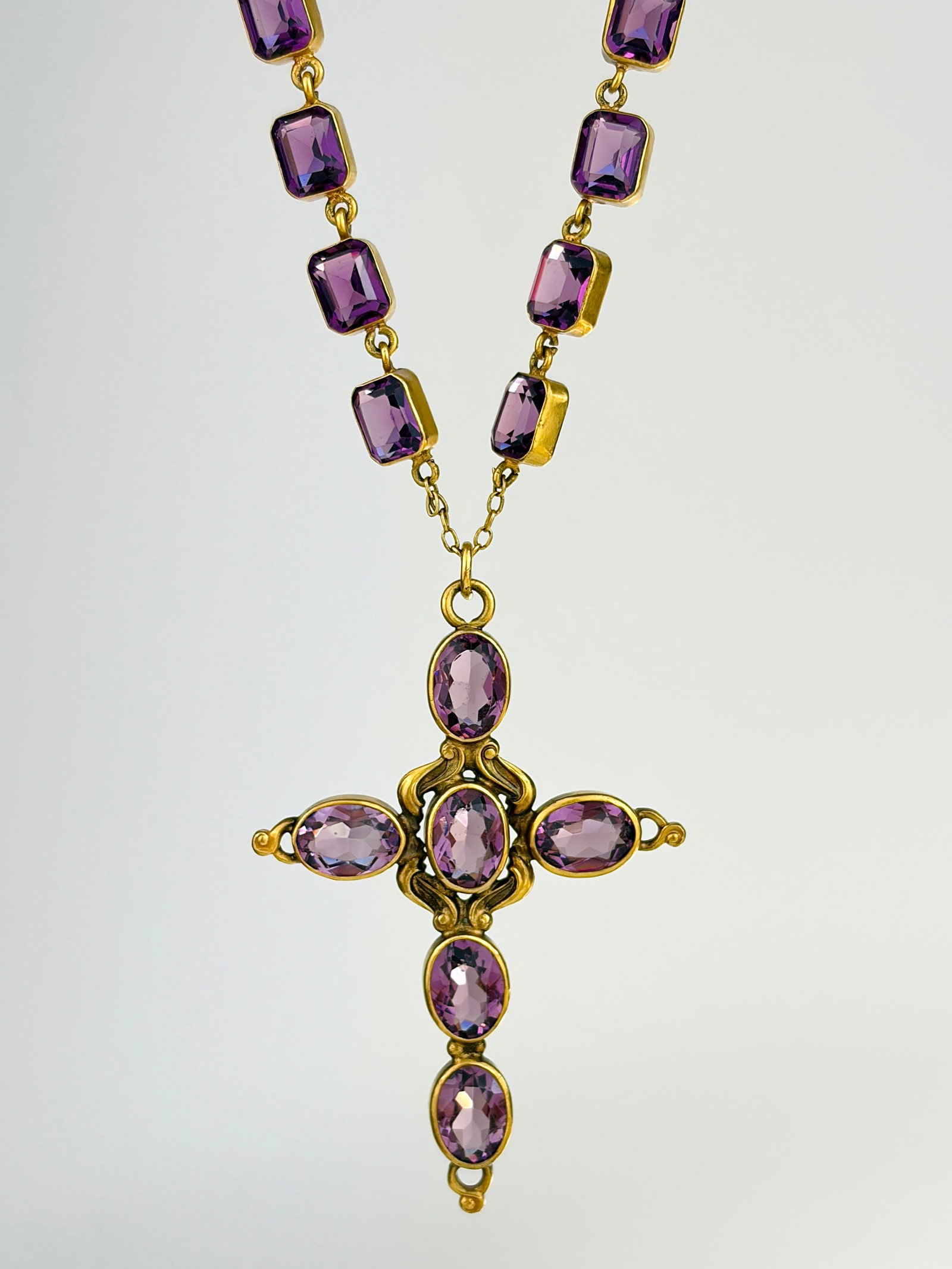 ANTIQUE GILT METAL PURPLE PASTE CROSS PENDANT AND RIVIERE NECKLACE (1 of 13)