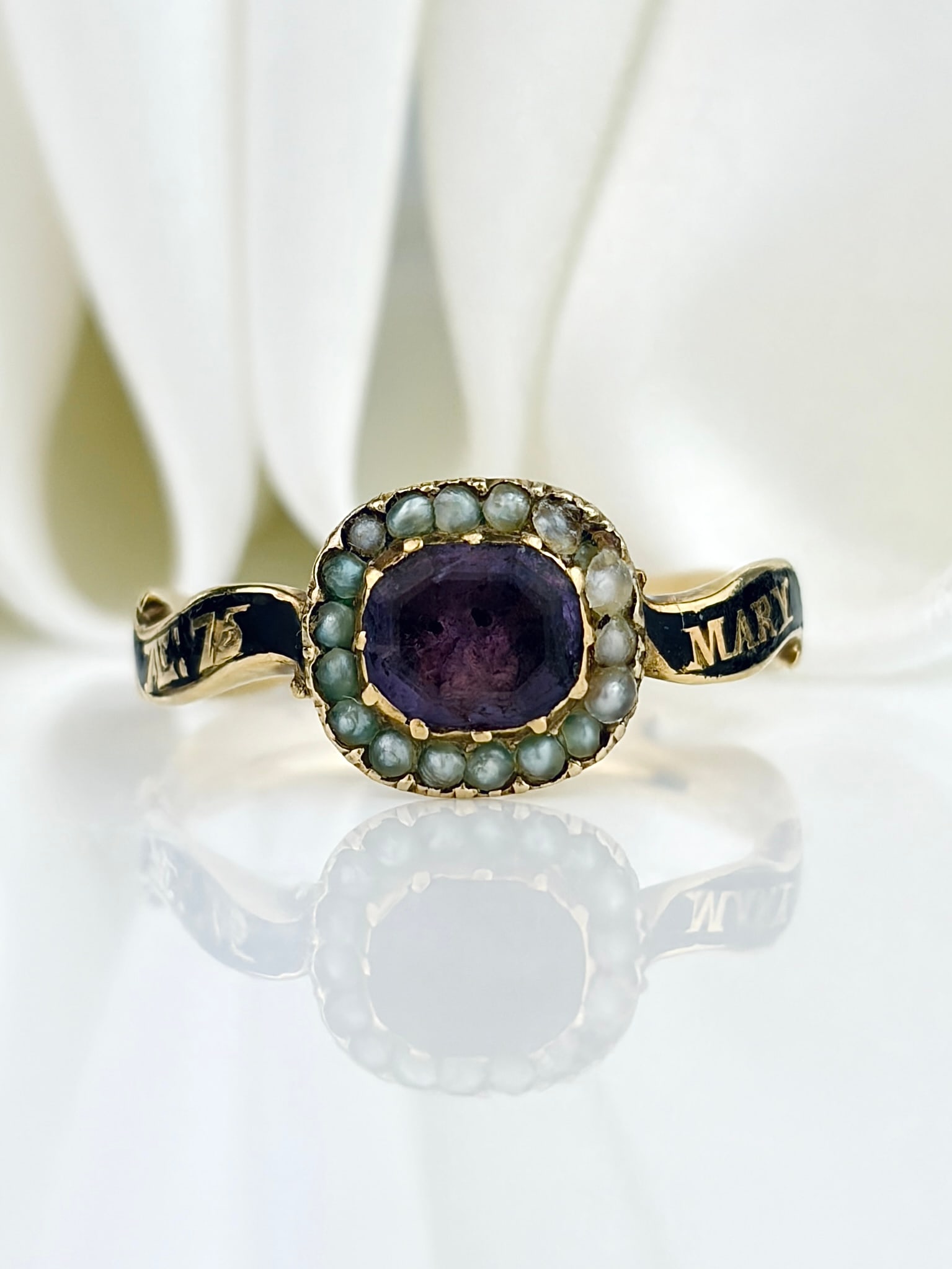 Antique c.1750 Georgian Amethyst, Pearl and Black Enamel Mourning Cluster Ring (1 of 11)
