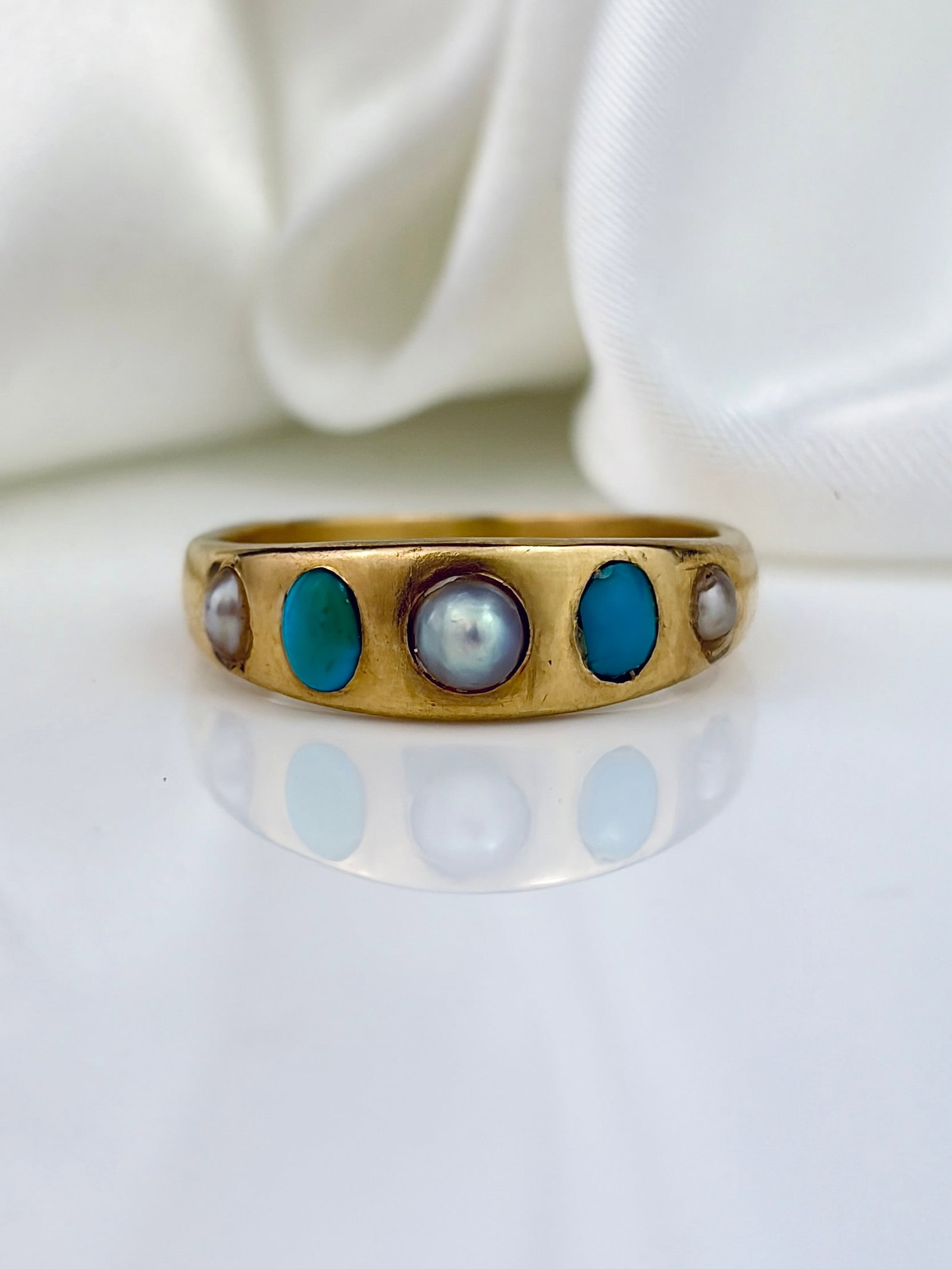 ANTIQUE 15CT YELLOW GOLD TURQUOISE AND PEARL 5 STONE RING (1 of 8)