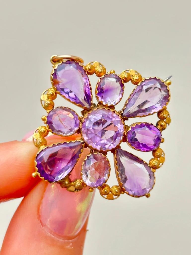 Late Georgian 15ct Yellow Gold Amethyst Pendant Brooch: Late Georgian 15ct Yellow Gold Amethyst Pendant Brooch the sweetest and most beautiful amethyst pendant / brooch measurements size 36mm x 36mm weight 5.82g materials 