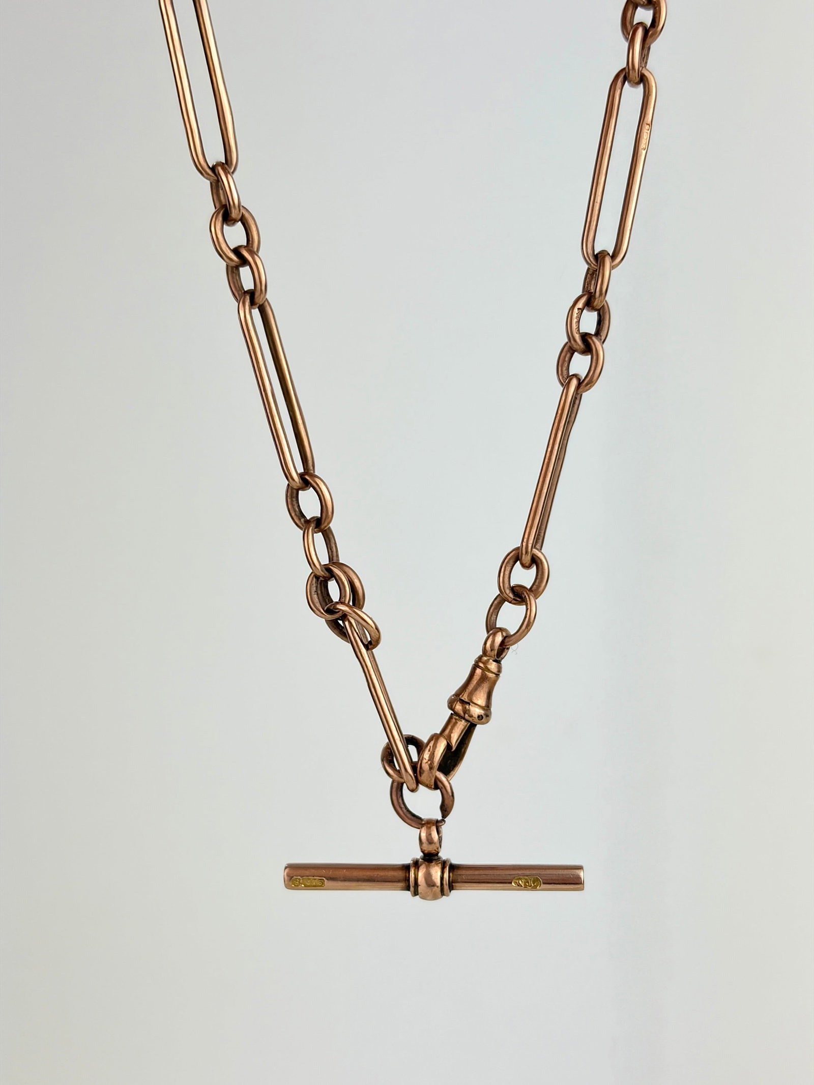 Antique 9ct Gold Trombone Link Albert Chain with Tbar: Antique 9ct Gold Trombone Link Albert Chain with Tbar Amazing chunky links!