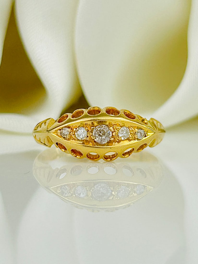 Antique C.1907 Diamond 5 Stone Boat Ring in 18ct Yellow gold: Antique C.1907 Diamond 5 Stone Boat Ring in 18ct Yellow gold Weight: 2.03g Size: UK K, US 5.5, Width 6.5mm, Height off finger 3mm Materials: 18ct yellow gold Hallmarks: Chester, 18ct, C.1907