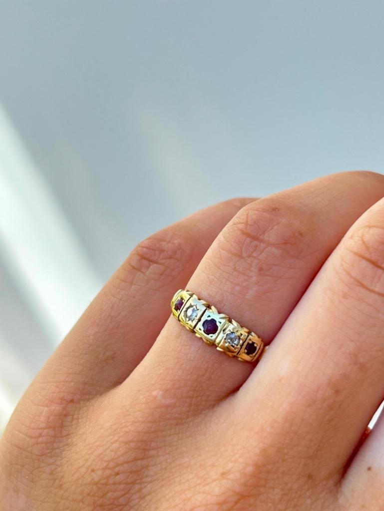 Sweet Gold Ruby and Diamond 5 Stone Ring: Sweet Gold Ruby and Diamond 5 Stone Ring the sweetest ruby diamond ring, truly delightful measurements size UK N US 7 head of ring 15mm x 5mm weight 1.91g 