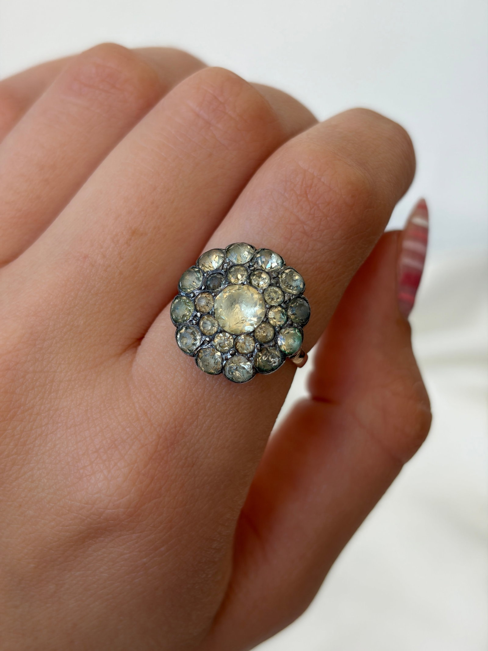 Antique Gold and Silver Set Paste Cluster Ring - 10