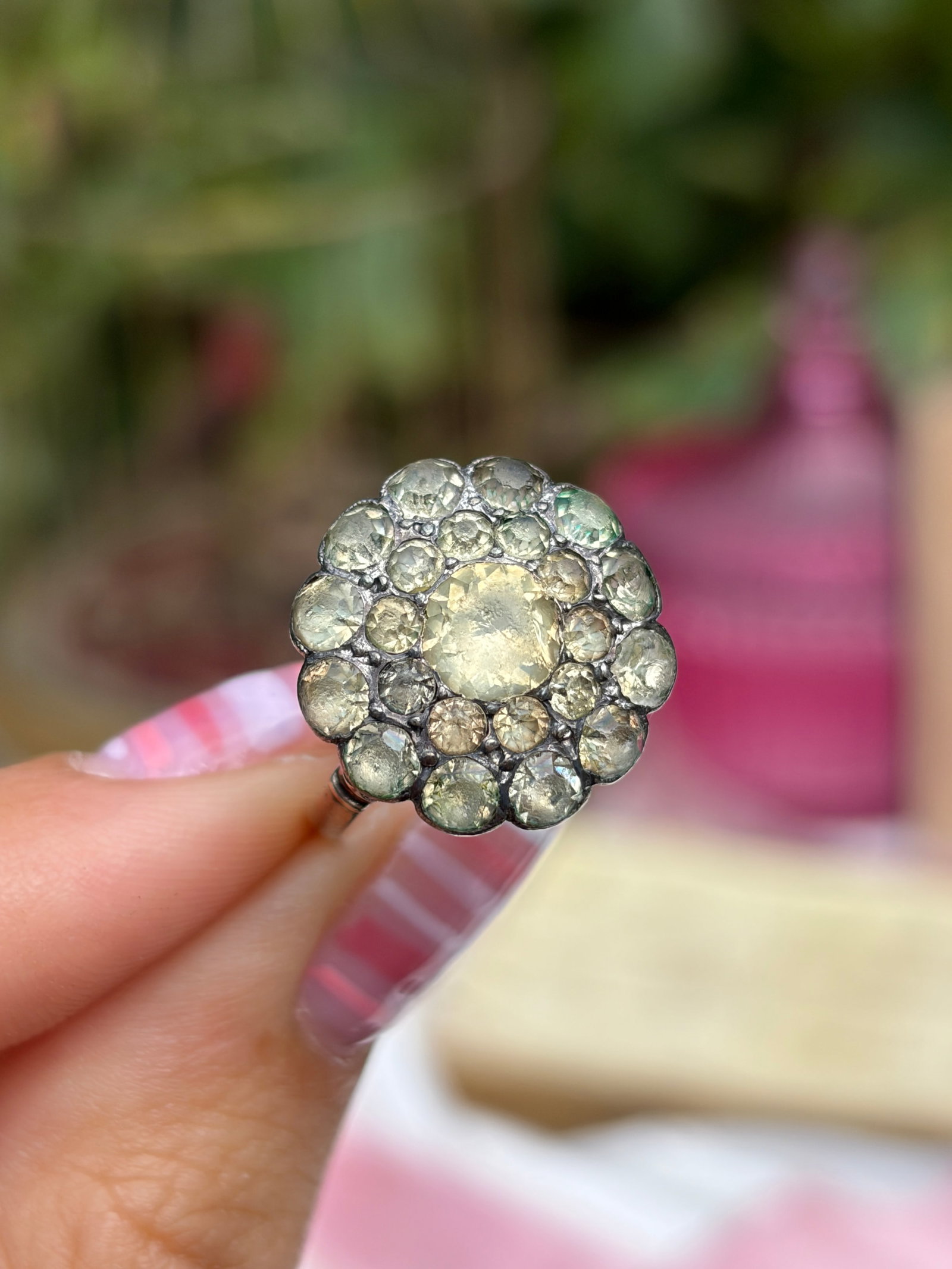 Antique Gold and Silver Set Paste Cluster Ring - 8