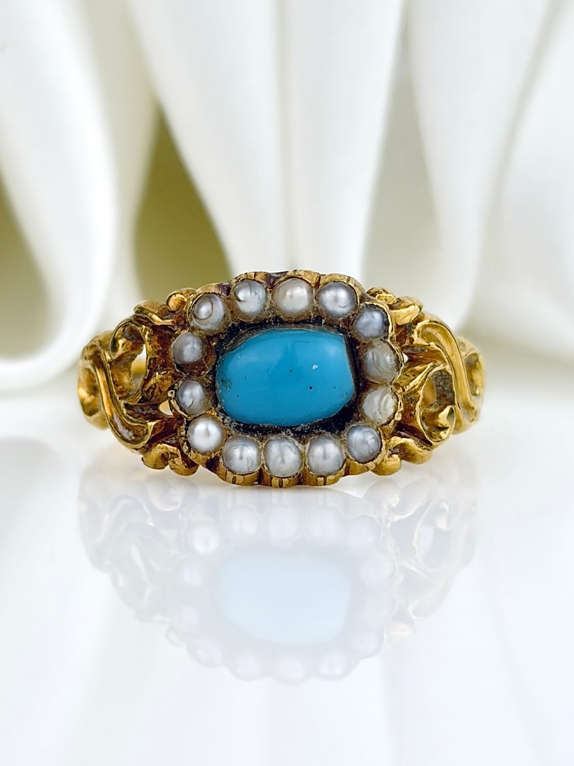 Antique c.1778 Georgian 18ct Yellow Gold Turquoise and Pearl Halo Ring: Antique c.1778 Georgian 18ct Yellow Gold Turquoise and Pearl Halo Ring Stunning bright turquoise ring crafted in the Georgian era!