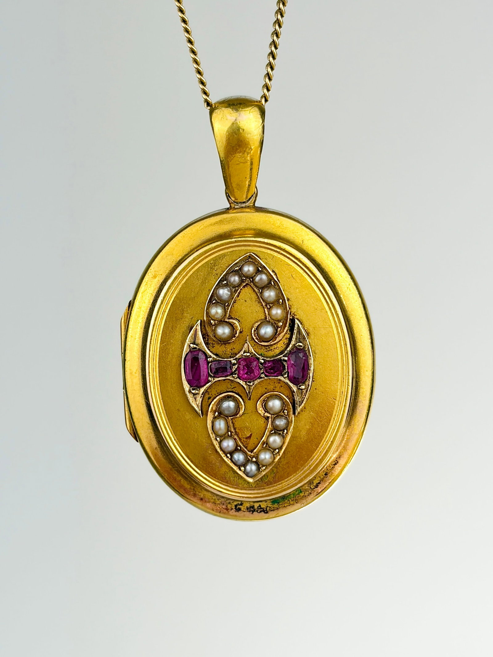 ANTIQUE 18CT YELLOW GOLD RUBY AND PEARL LOCKET PENDANT (1 of 9)