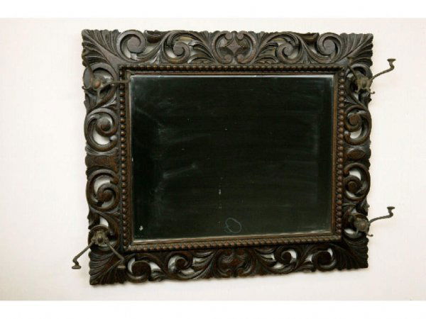 Carved Oak Mirror with Coat Hooks: rectangular bevelled glass in scrolled oak frame. 35" x 40"