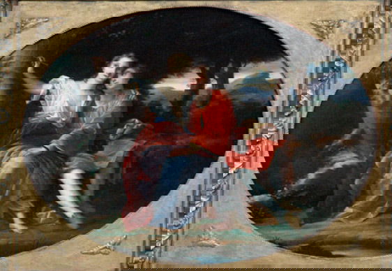 Possibly V. Martinelli Painting: Vincenzo Martinelli (Italian, 1737-1807), "Amorous Couple on Bench", oil on canvas. 27" x 37 5/6". Condition: re-lined canvas.