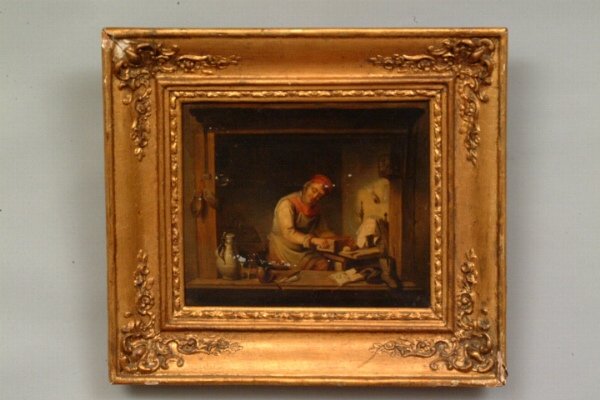 German School A Rustic Shop Interior: German School A Rustic Shop Interior Oil on Tin Framed, 8" x 10" Condition: paint flakes