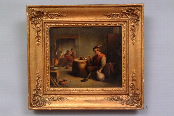 German School: German School Tavern Interior with Drinkers and Smokers Oil on Tin Framed, 8" x 10" Condition: paint flaking