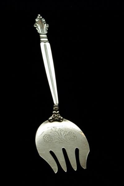 GJensen "Acanthus" Cold Meat Fork: GJensen "Acanthus" Cold Meat Fork Sterling silver. Designed by Johan Rohde, the fork engraved with a floral motif, the verso hallmarked with the oval Jensen mark, sterling Denmark.9"l. 3.62 ozt. Condi