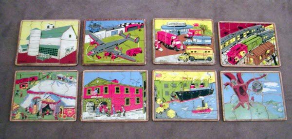 Creative Playthings Puzzles: Creative Playthings Puzzles "See Inside" puzzles, circa 1950-70, eight different pictures, six by the artist Jeanne Bendick. 9 1/2" x 12". Condition:good