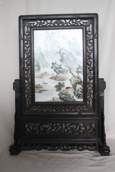 Chinese Famille Rose Porcelain Plaque Table Scree: A Chinese famille rose porcelain plaque table screen, decorated with landscape. 27" x 18".