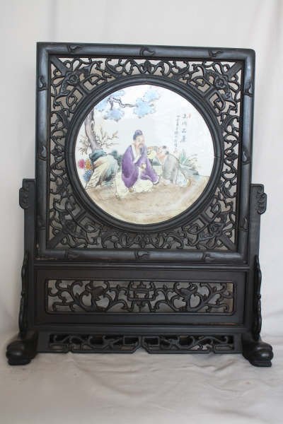 Chinese Famille Rose Porcelain Plaque Table Scree: A Chinese famille rose porcelain plaque table screen, decorated figural. Circa 19-20 century. 25" x 20".
