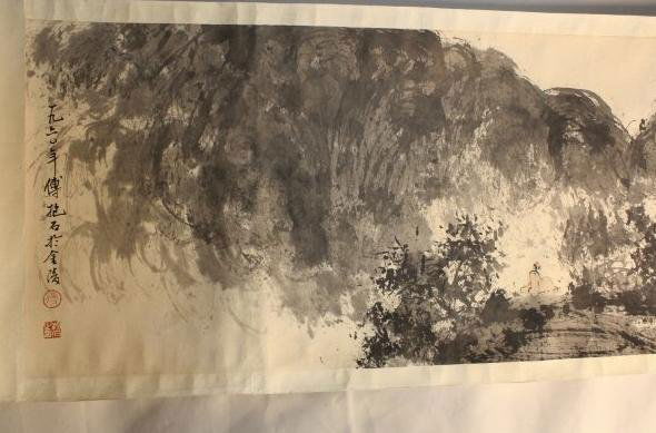 Chinese Long Scroll Painting: A Chinese long scroll painting attributed to FU BAOSHI (1761-1819), ink and color on paper. H 134" x W 13".