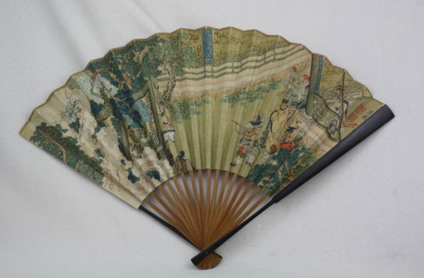 Chinese Fan Decorative Painting: A Chinese fan decorative painting, depicting figural, attribute to Pu Ru (1895-1963). H 12" x W 20".