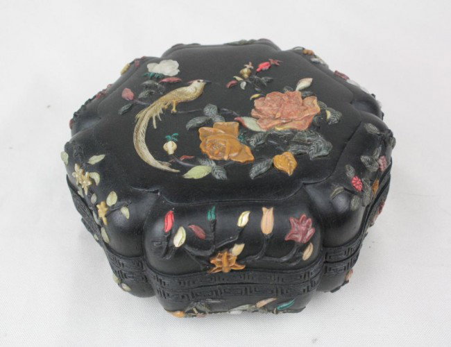 Chinese carved Zi-Tan Wood Box: Chinese carved Zi-Tan wood box depicting floral and birds, Asian circular lacquer box with jade, Seashell and stone. 2.5" x 5.4".