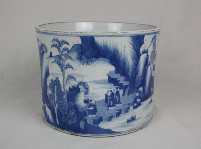 Chinese Blue and White Porcelain Brush Pot: Chinese blue and white porcelain brush pot, decorated with landscape and mountains. Seal mark. 5.7" x 7.4".