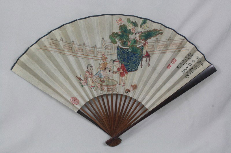 Chinese Fan Decorative Painting: Chinese fan decorative painting, depicting with figural, the right with a short colophon and signature, with two seal; the reverse with a long calligraphic inscription followed by a signature and seal