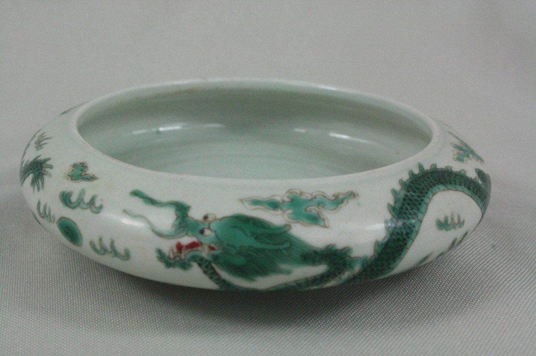 Chinese Famille Rose Porcelain Brush Washer: Chinese famille rose porcelain brush washer, decorated with dragon. Guangxu mark. 1.1" x 4.2".