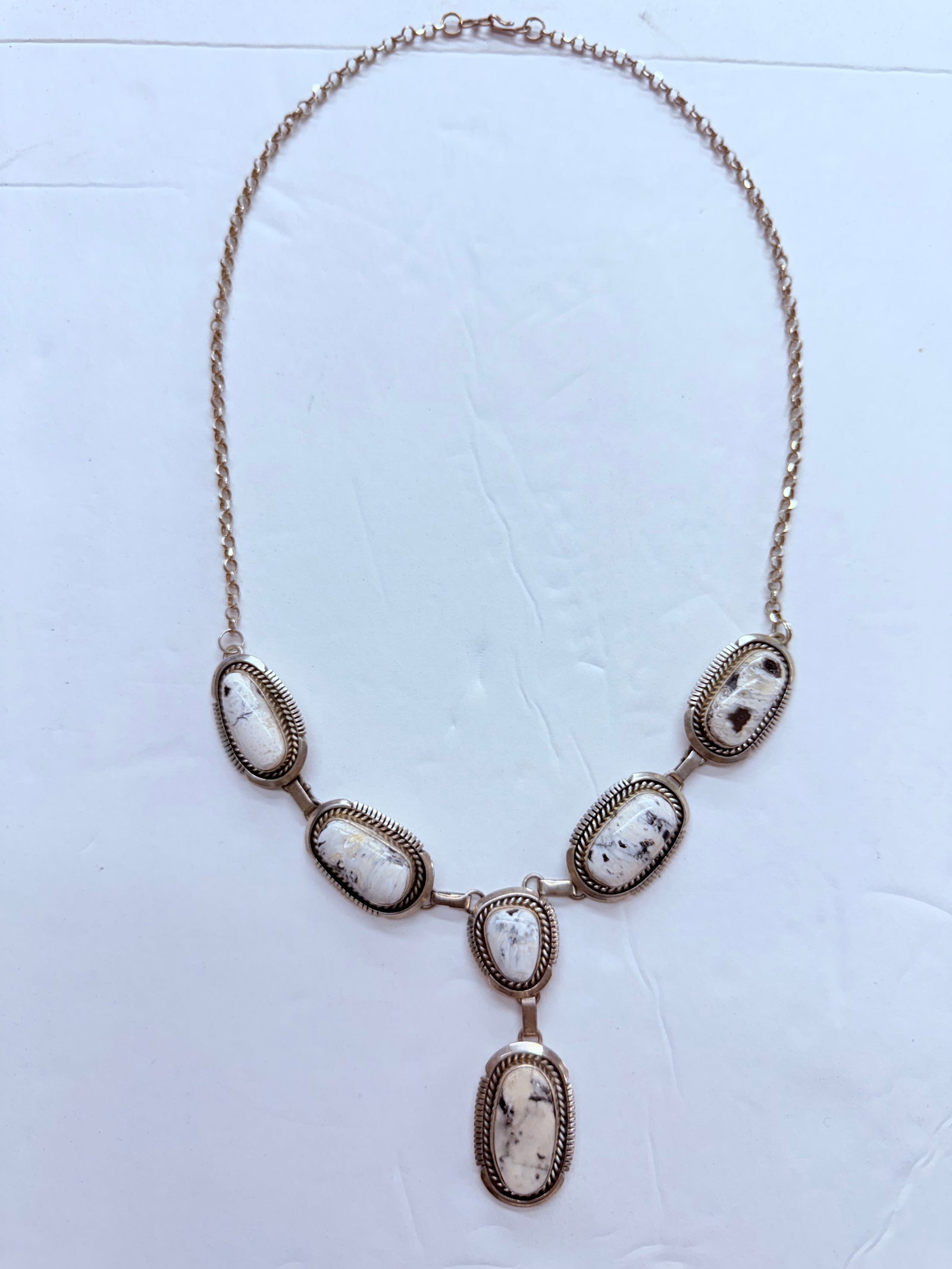 Stunning White Buffalo Turquoise Necklace - Artist Eugene Belone: Signed Sterling and Eugene Belone. Approximately 14" in length on drop. 28" overall length. In as new undamaged condition.