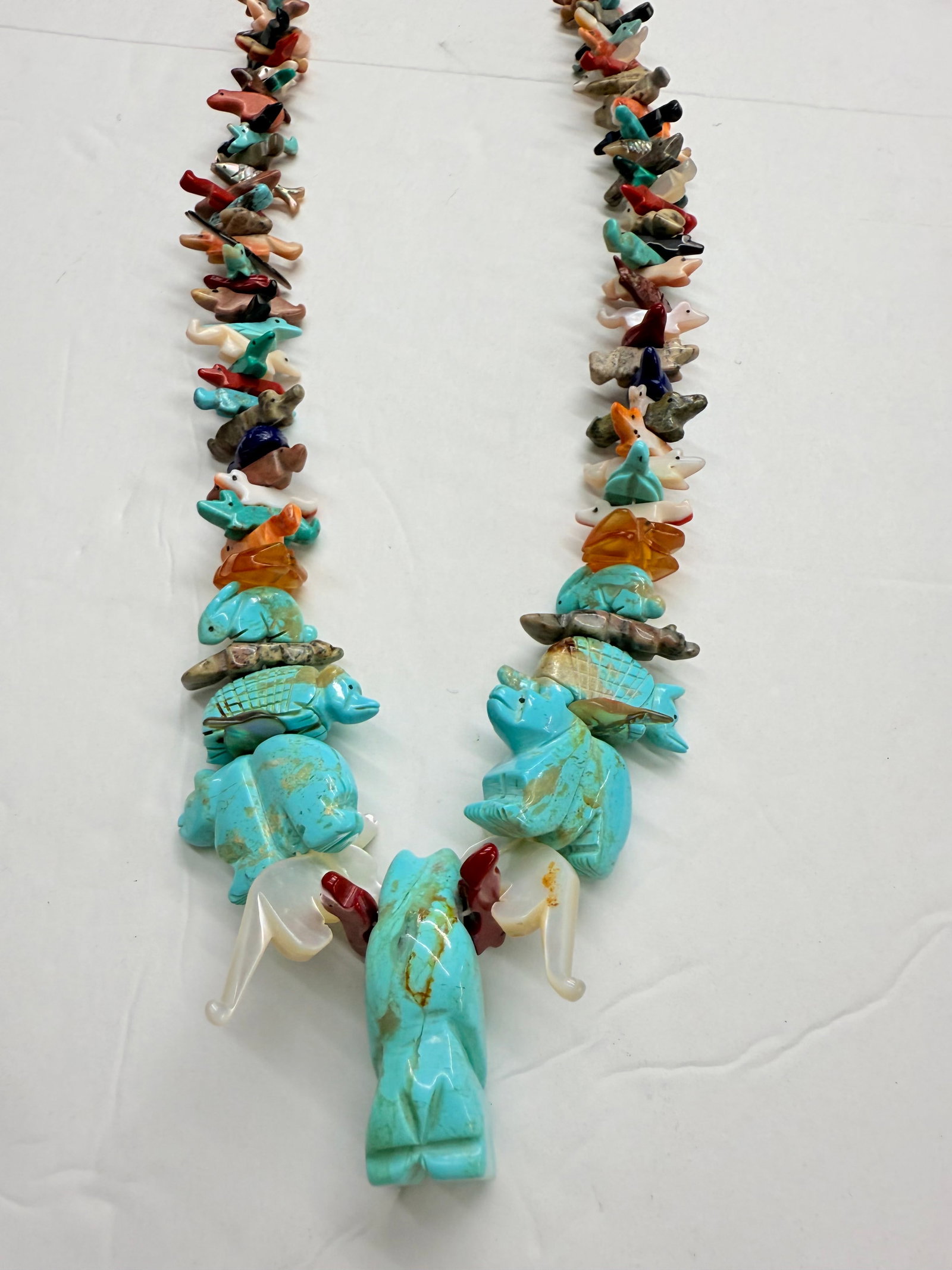 Vintage Zuni Carved Stone - Turquoise & Large Bear Fetish Necklace Artist Johnny Sheyka: Amazing vintage - Near perfect condition. 18" drop length. Total approximately 100 carved pieces.
