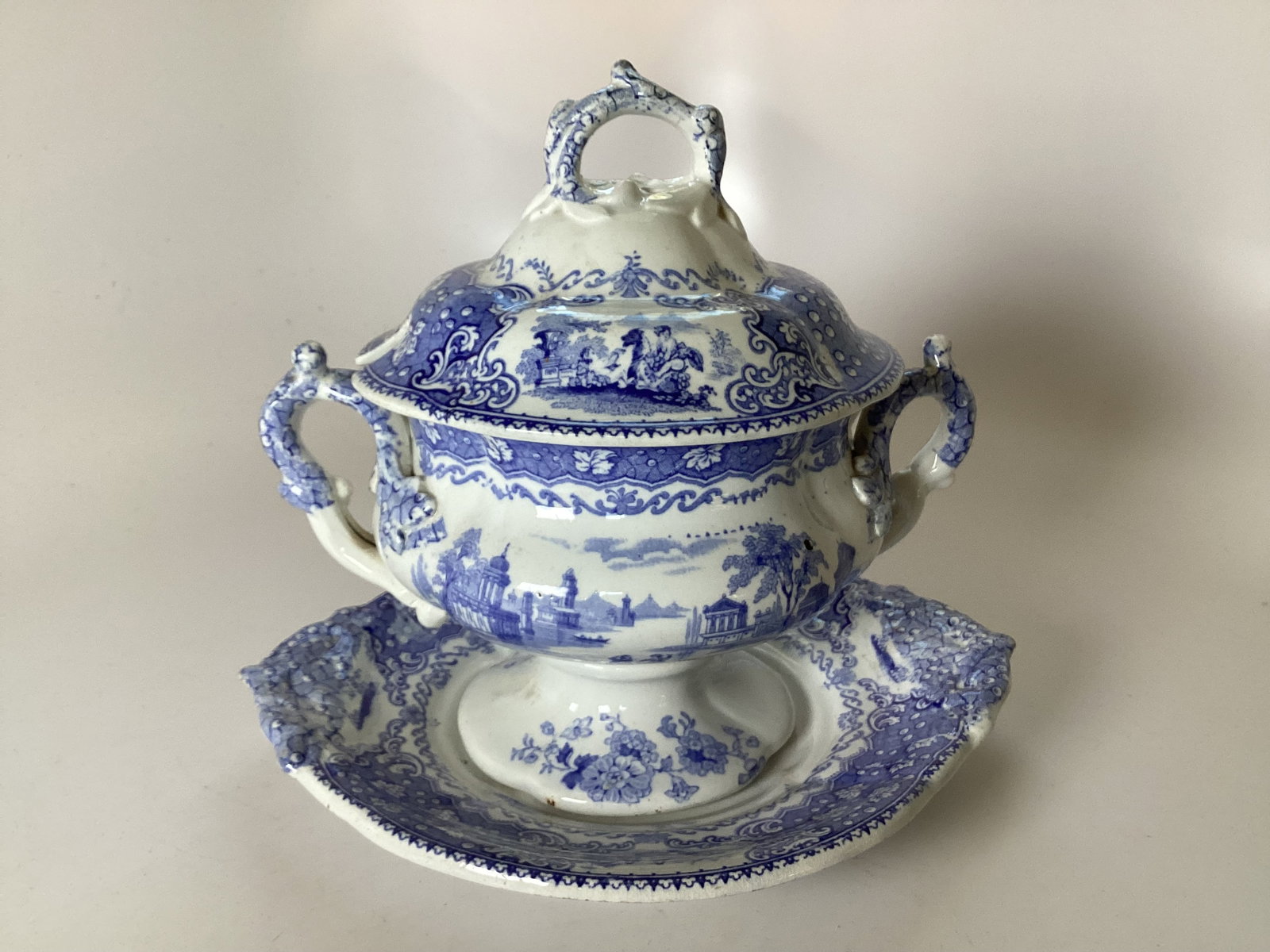 English Staffordshire Blue Transferware Covered Sauce Tureen on Stand (1 of 3)
