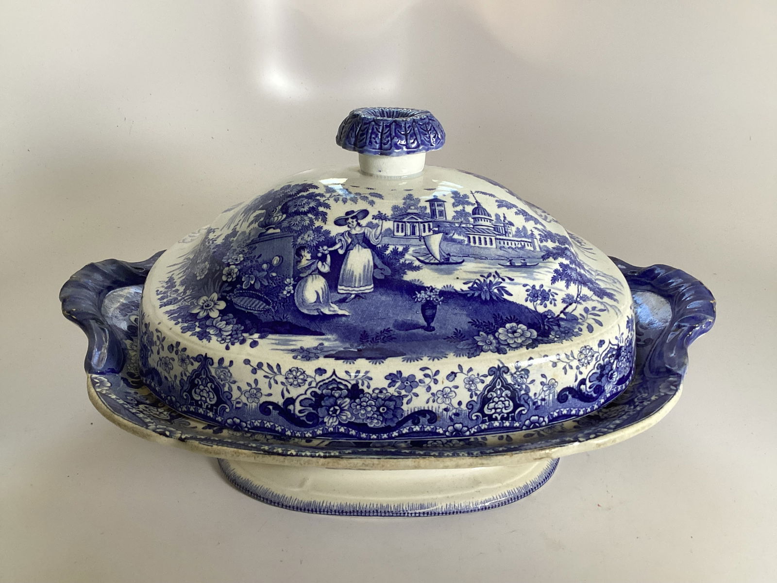 English Staffordshire Blue Transferware Covered Vegetable Bowl (1 of 3)