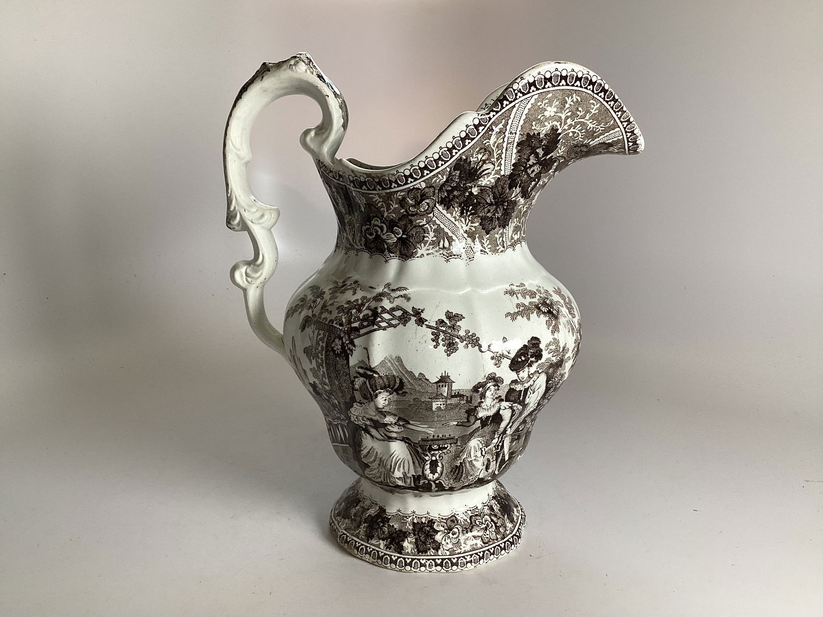 English Staffordshire Brown Transferware 10.25" Tall Pitcher (1 of 3)