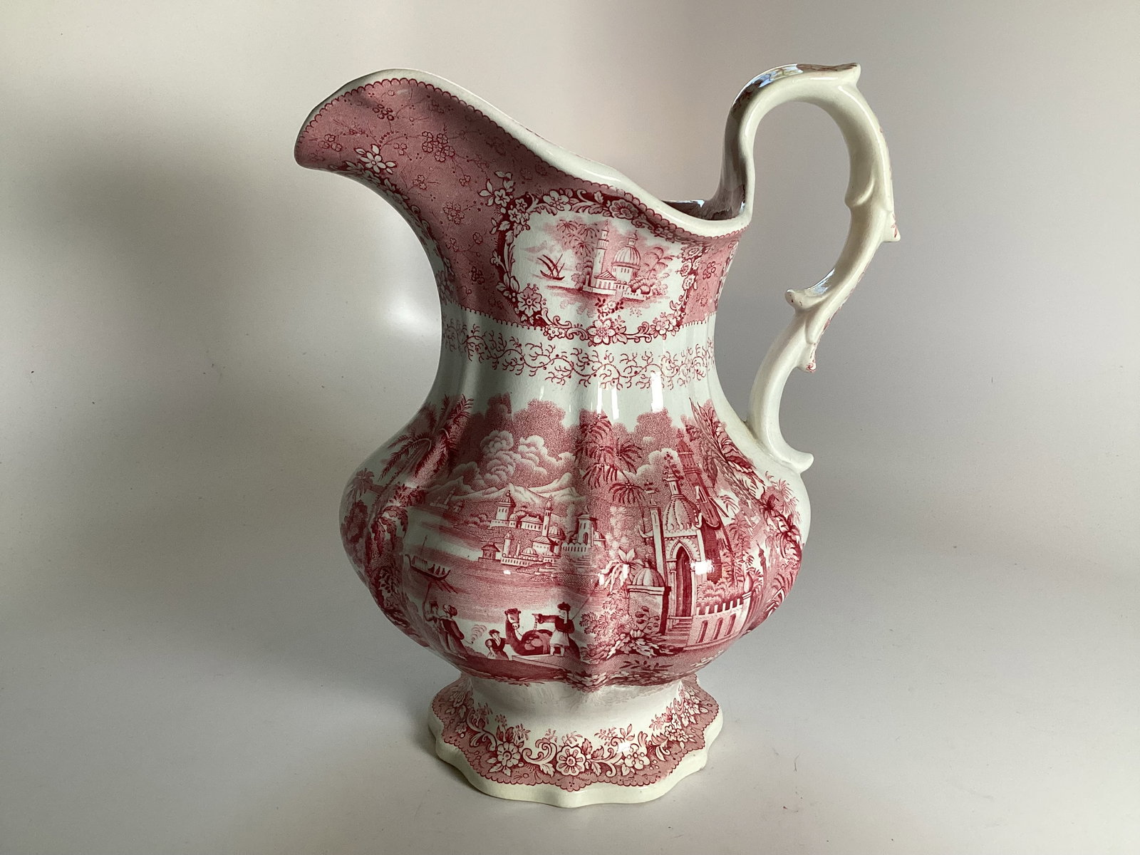 Large English Staffordshire Red Transferware ORIENTAL Pitcher (1 of 3)
