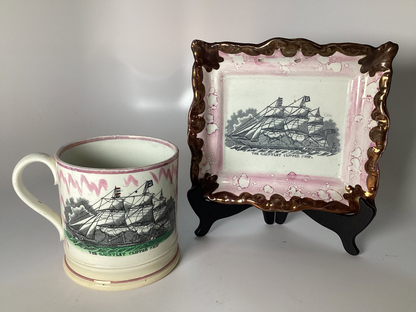 English Sunderland Pink Lustre GAUNTLET CLIPPER SHIP Mug and Plaque (1 of 4)