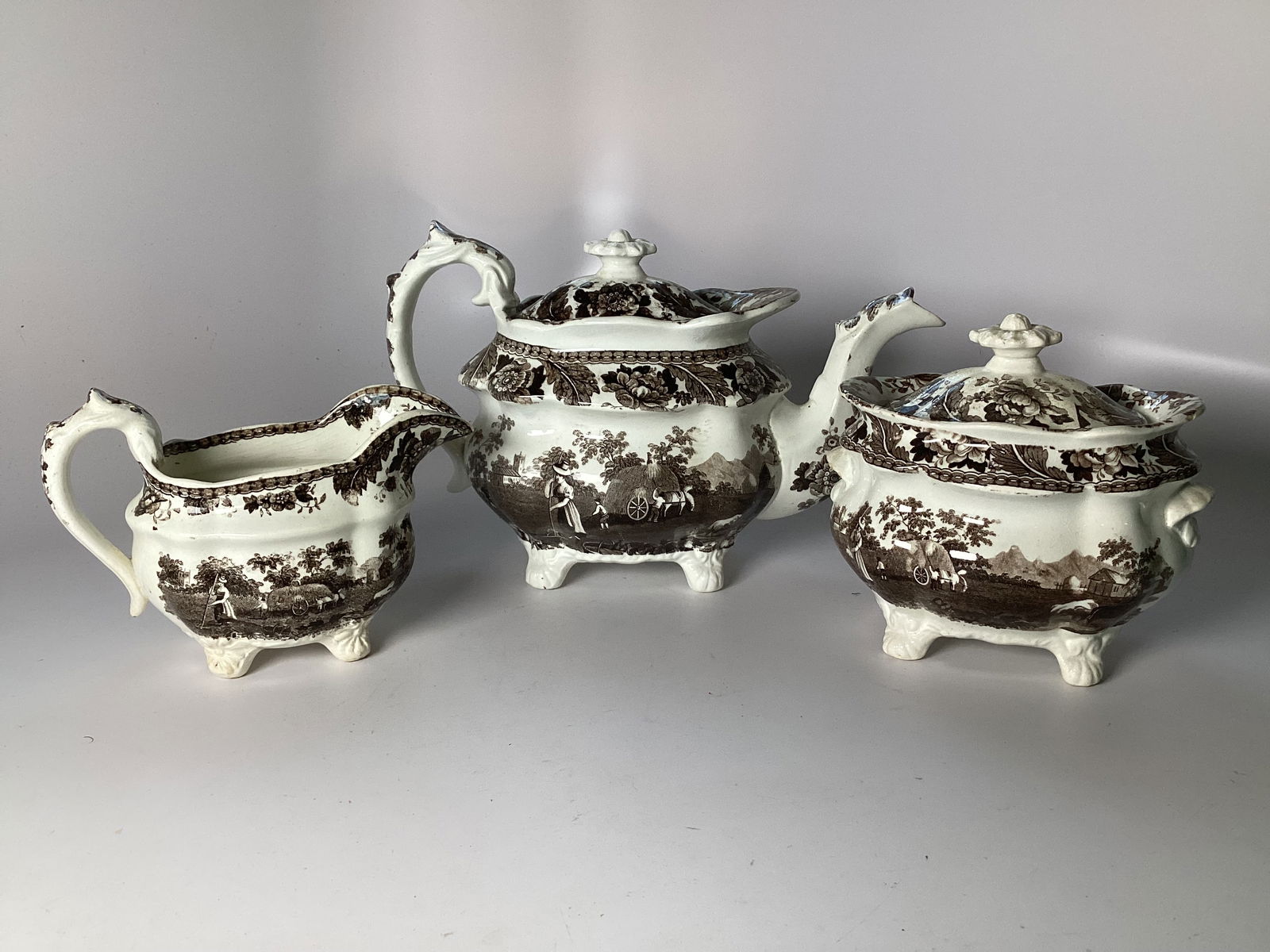 3 Pc English Staffordshire Brown Transferware Teaset (1 of 5)