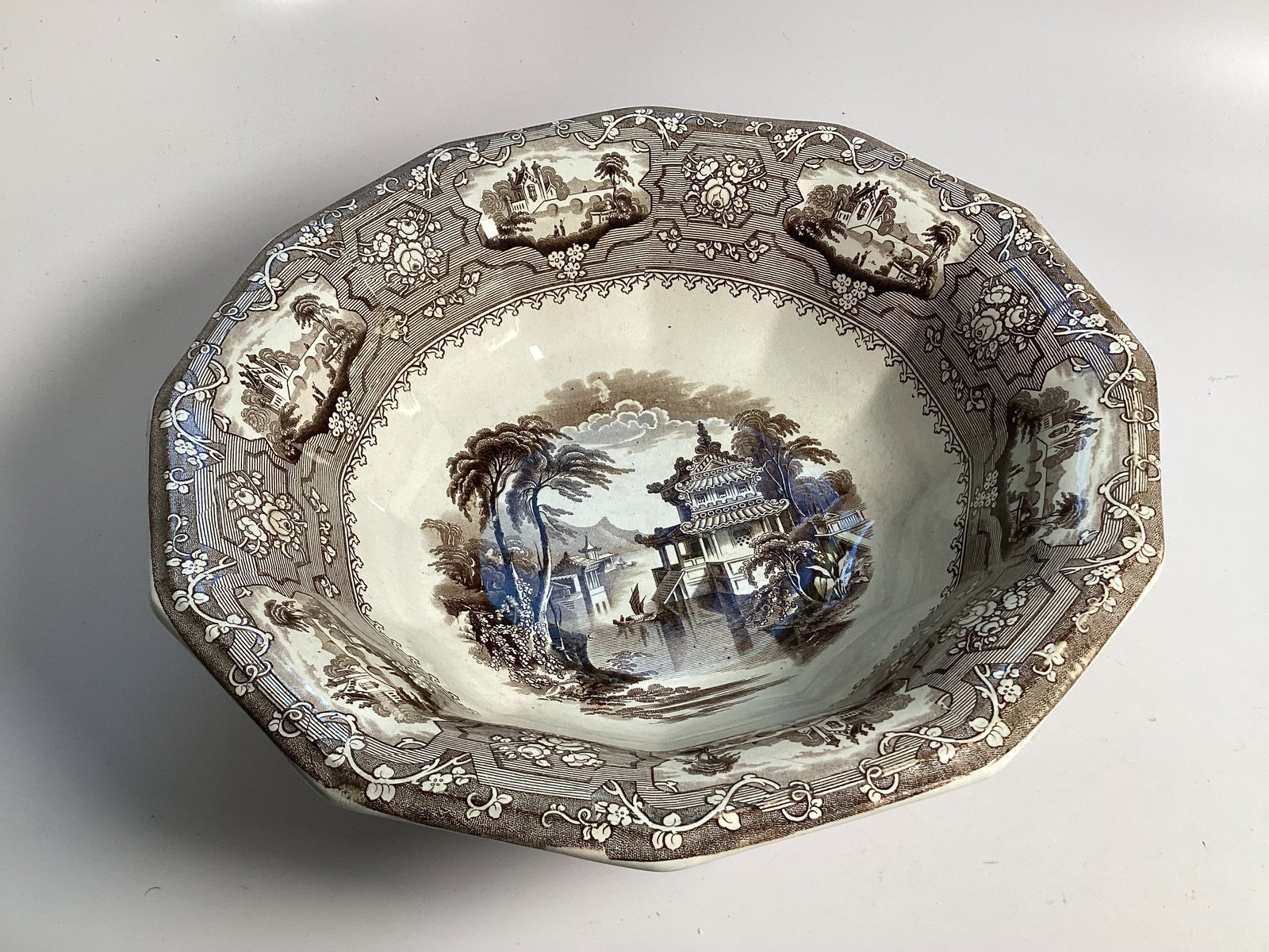 Large English Staffordshire Brown Transferware Wash Basin KAN-SU (1 of 3)