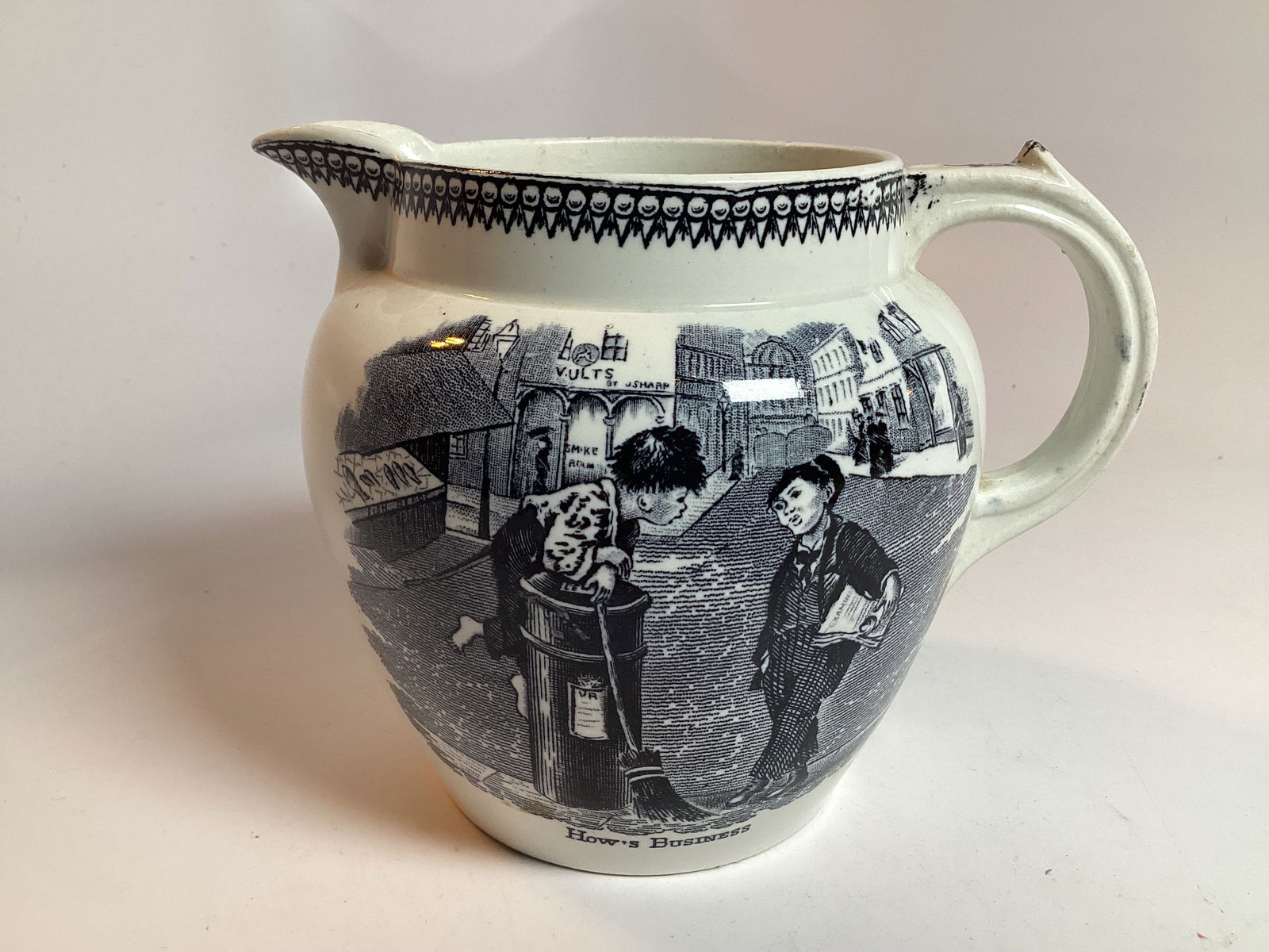 English Staffordshire Black Transferware Pictoral Jug (1 of 4)