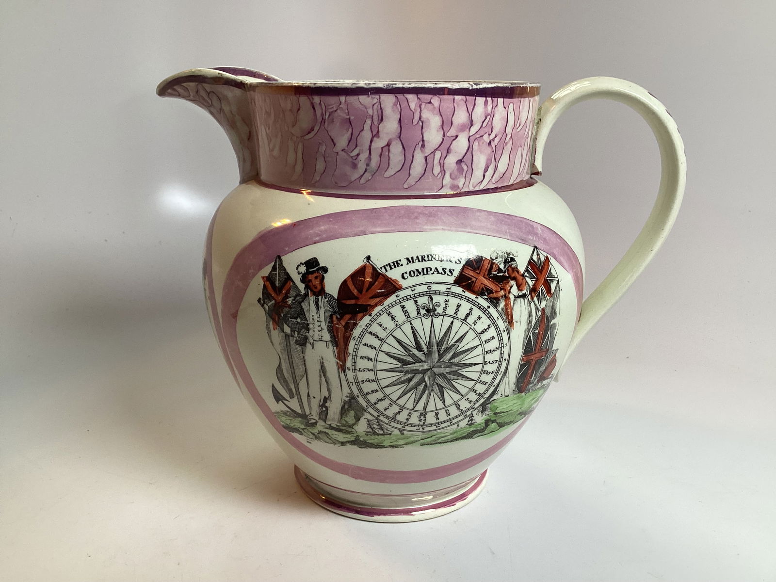 Large English Sunderland Pink Lustre Jug Mariner's Compass (1 of 4)