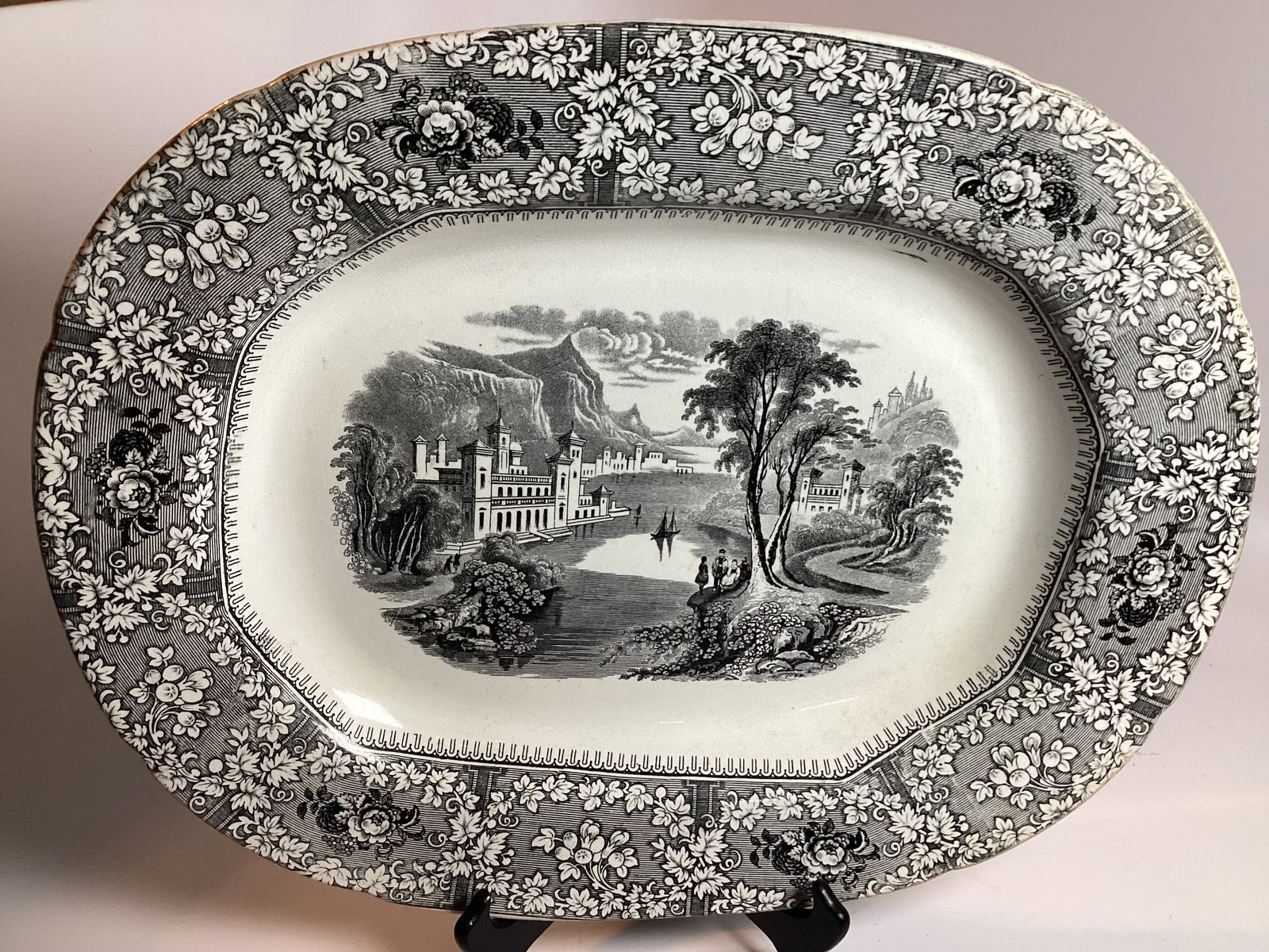 Large English Staffordshire Black Transferware PALERMO Platter (1 of 2)