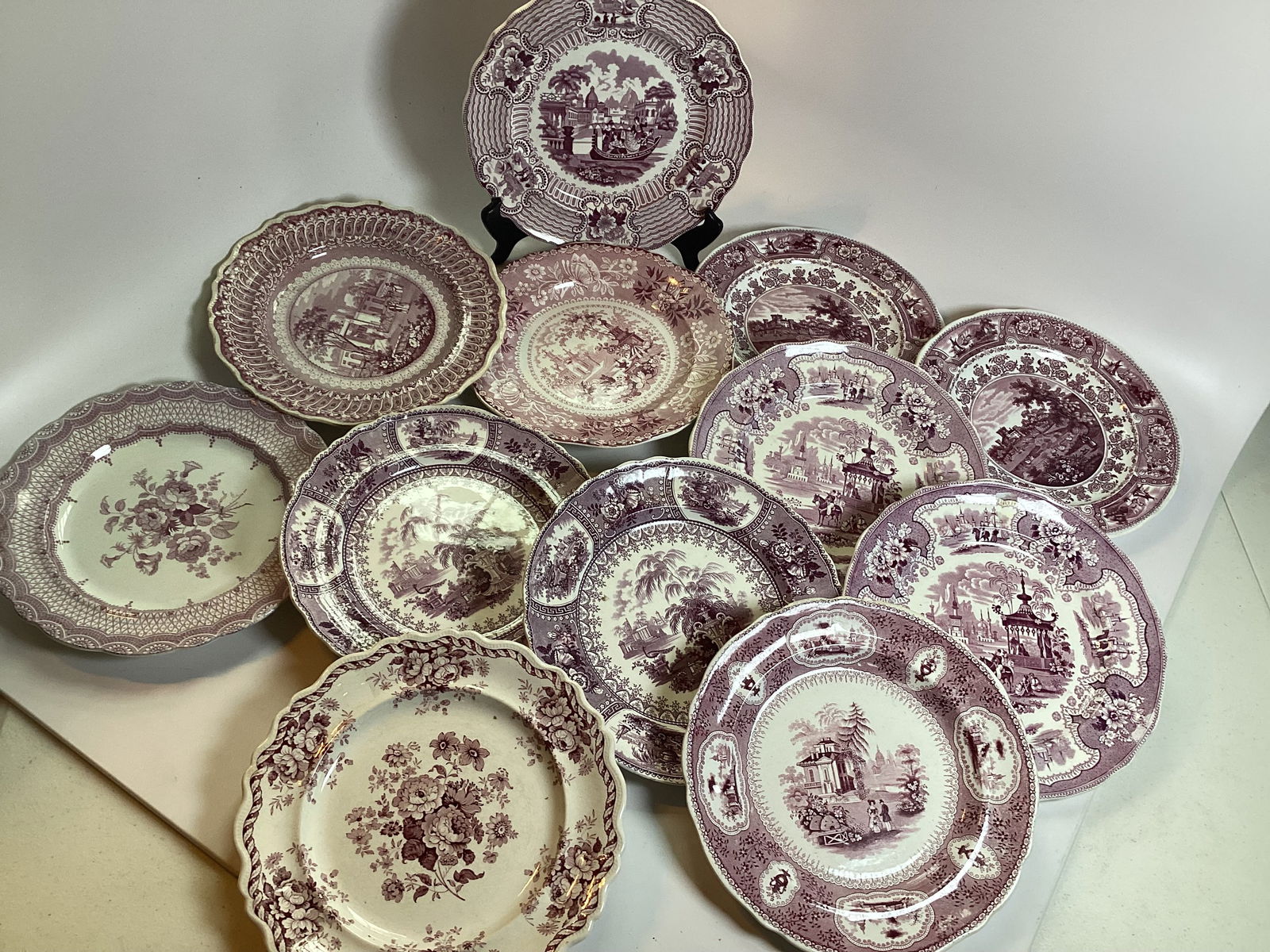 Set 12 Assorted English Staffordshire Purple Transferware Plates (1 of 5)