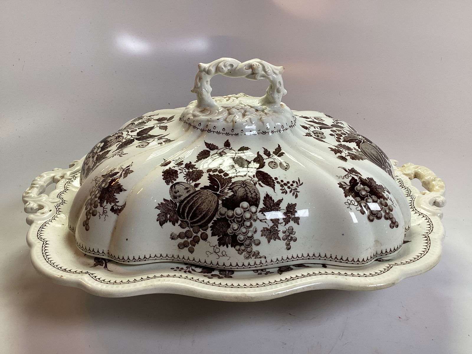 Large English Staffordshire Brown Transferware Covered Vegetable Dish (1 of 3)