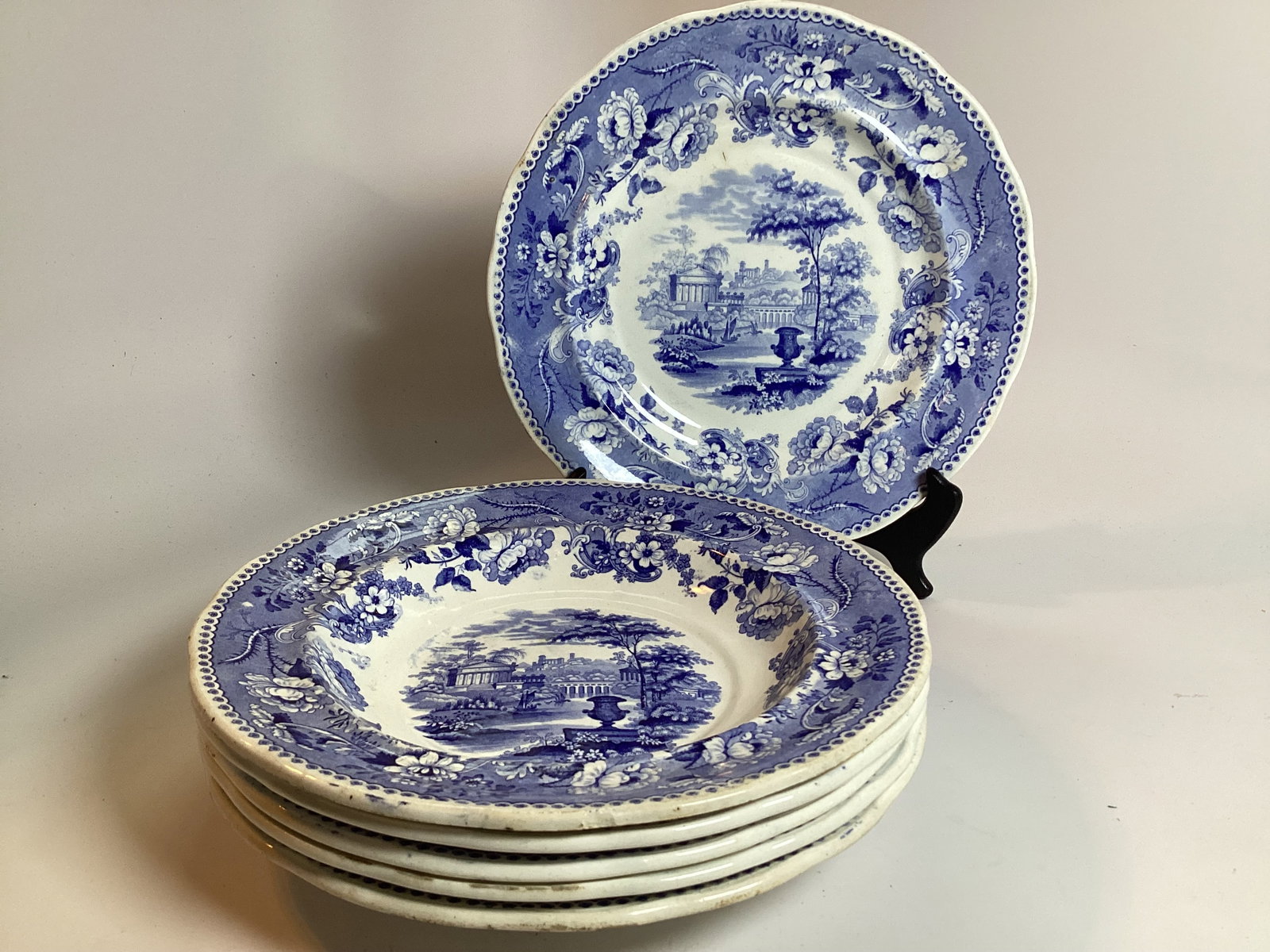Group 6 English Staffordshire FLORENTINE VILLAS Soup Bowls + Plate: 5 Soups and 1 Dinner plate. Each is 10.5" Wide. Excellent condition with minor edgewear. Same pattern as LOT 78.
