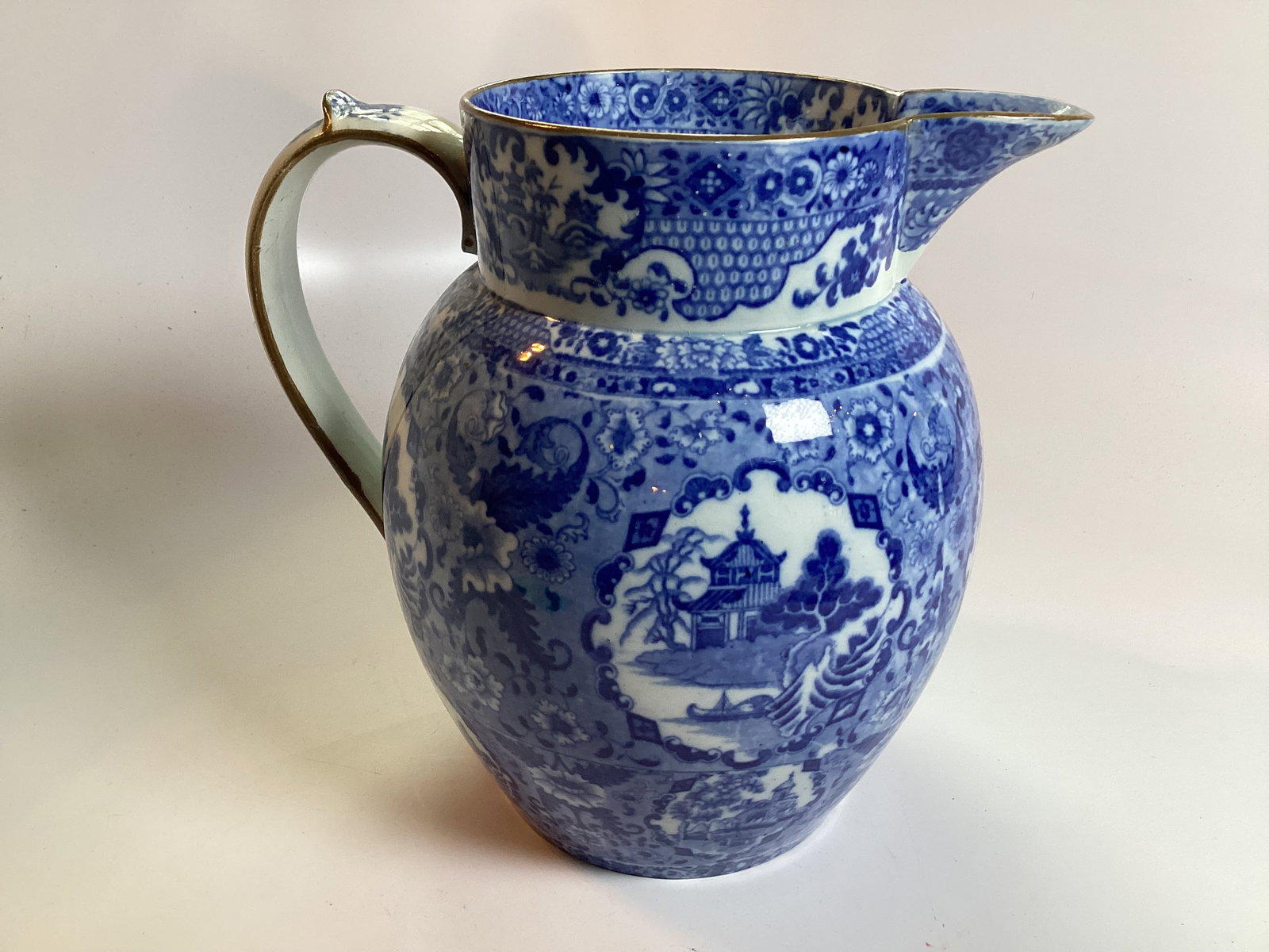Large English Pearlware Staffordshire Blue Transferware Pitcher (1 of 4)