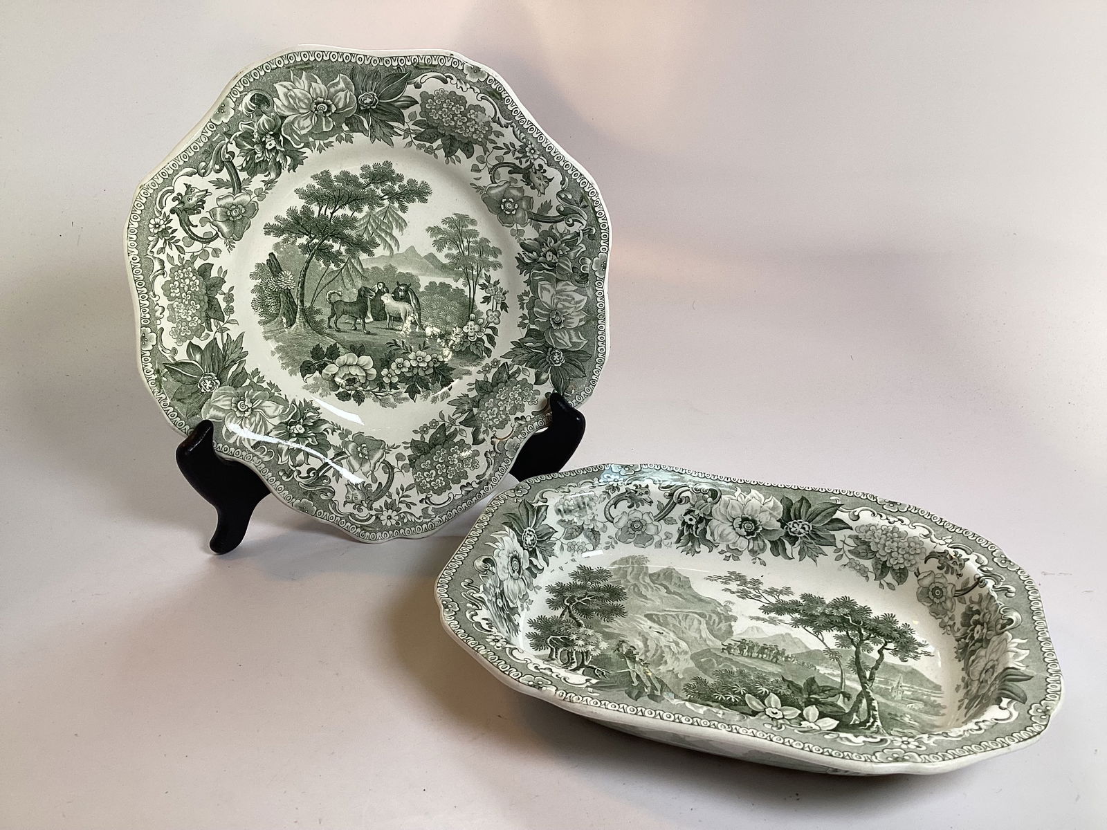 2 English Green Transferware Spode AESOP'S FABLES Serving Bowls: Both in good condition. 9.25" wide. "The Mountains in Labor" and the other is "The Dog and the Sheep"