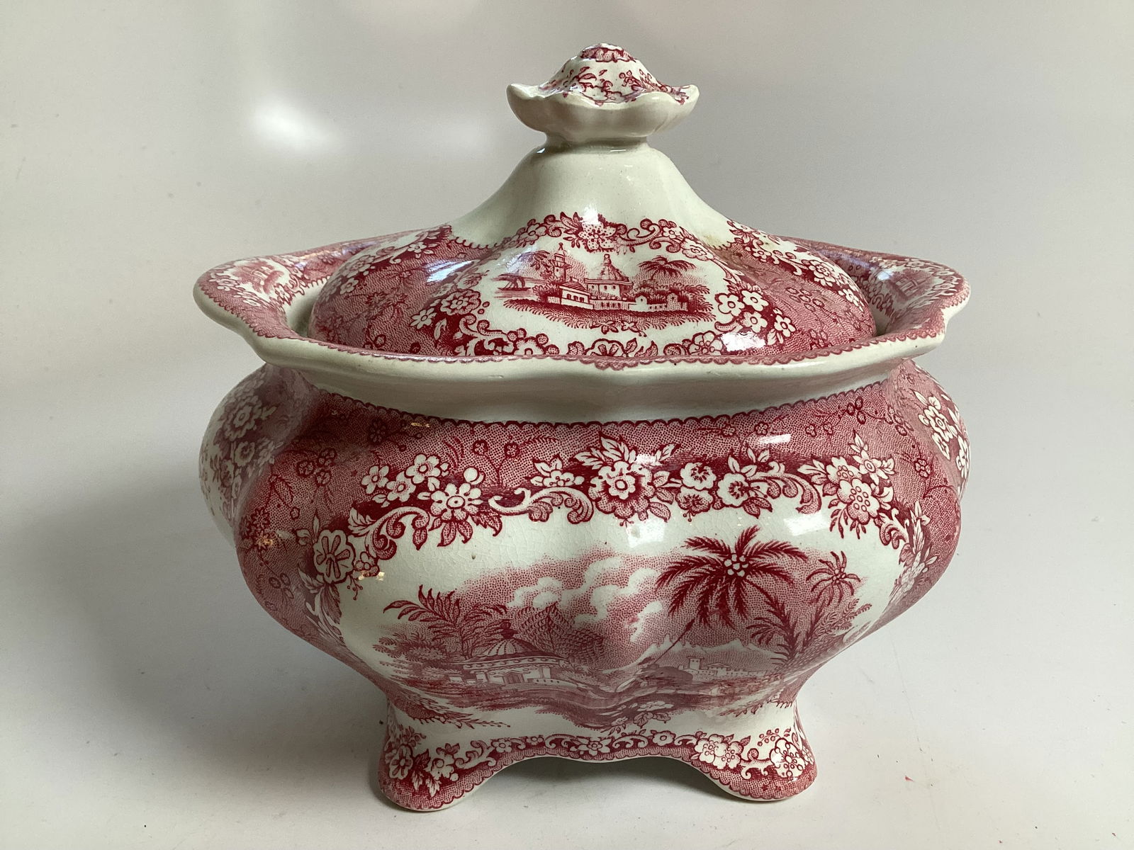 English Staffordshire Red Transferware ORIENTAL Covered Sugar (1 of 3)