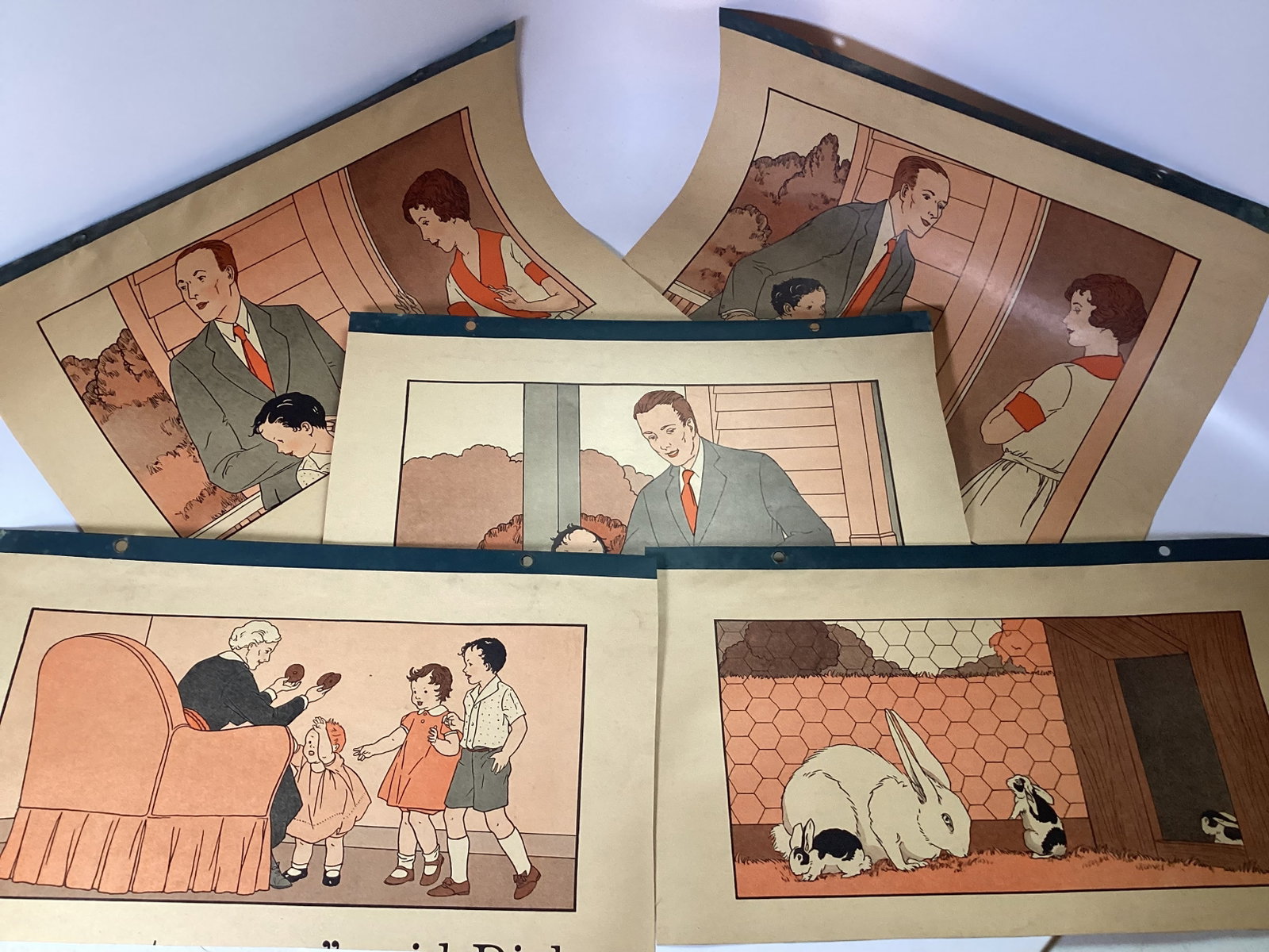 5 Large Scott Foresman & Co. "Dick and Jane" Instructional Aides: In good clear condition. Minor creases with some fading. Cut down from original charts Largest is 20" x 17.5"
