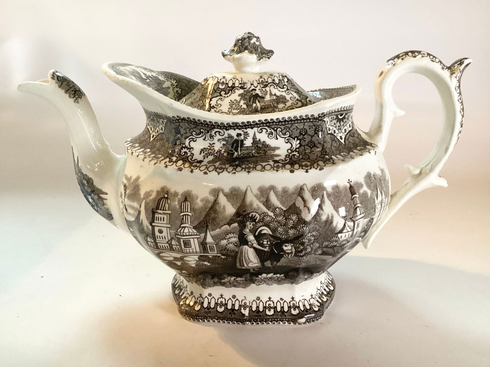 English Staffordshire Black Transferware Teapot (1 of 4)