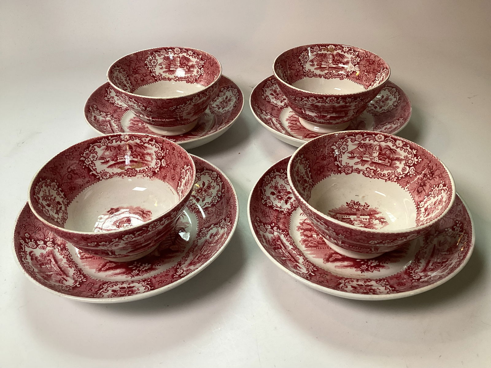 Four Ridgway Red Transferware ORIENTAL Cups and Saucers (1 of 3)