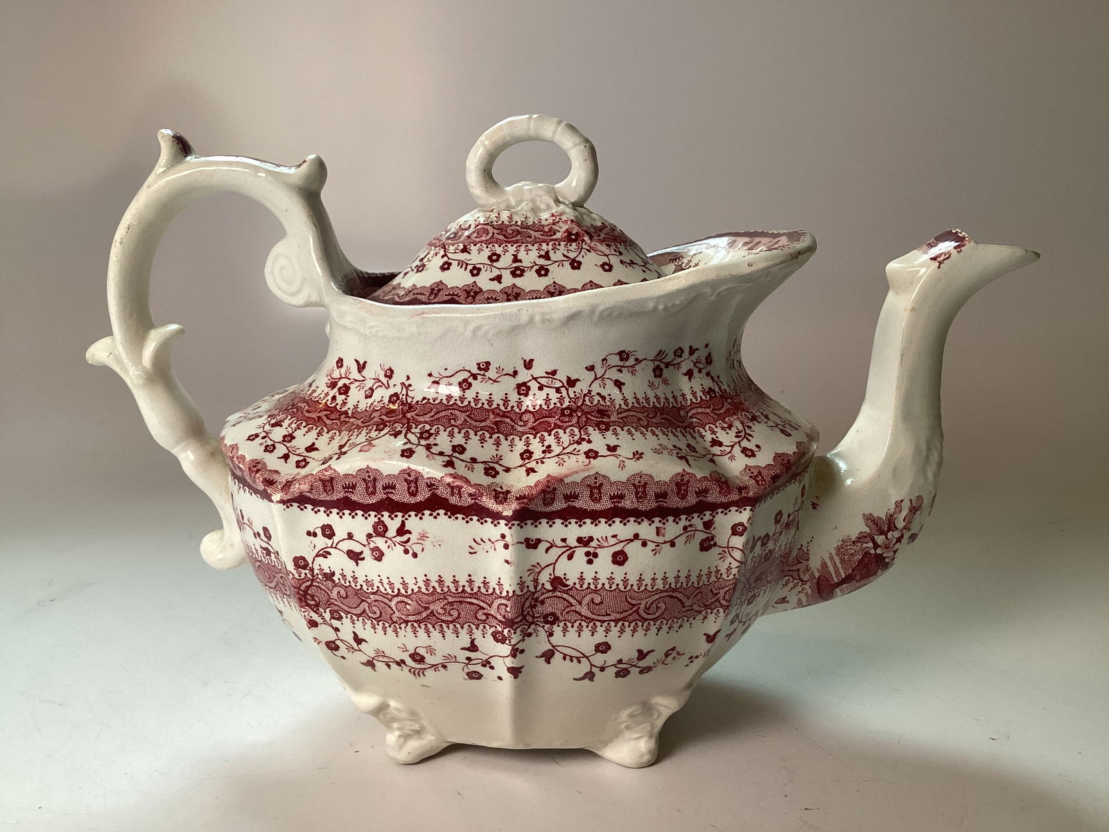 English Staffordshire Red Transferware Tea Pot (1 of 3)