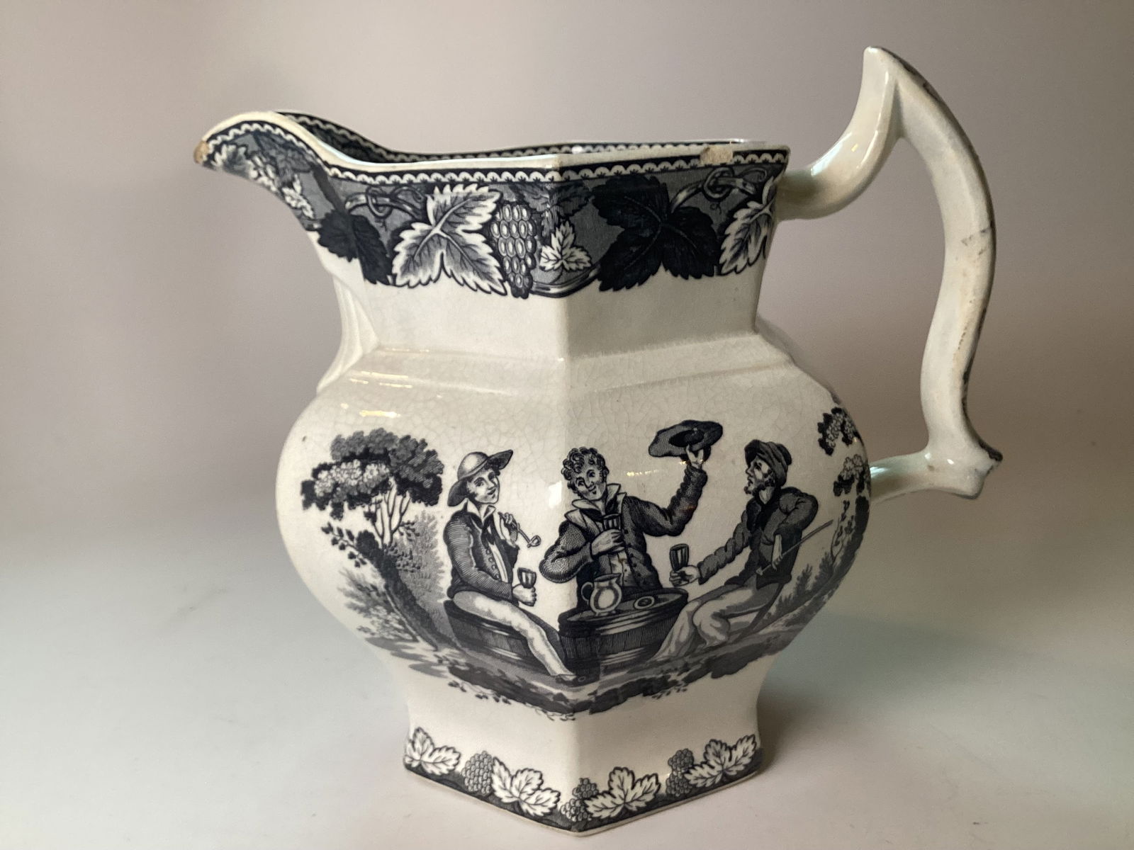 Rare English Staffordshire Black Transferware Pitcher MAN AND HOUNDS (1 of 4)